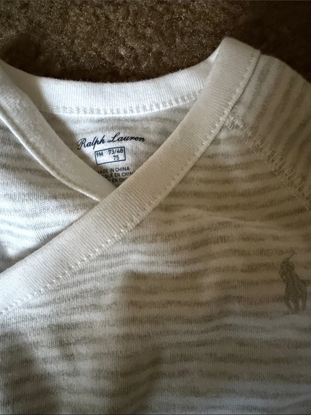 Ralph Lauren White & Light Gray Striped Baby Footed One-Piece Set